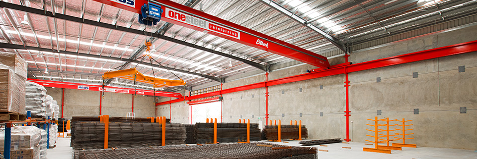The inside of a warehouse storing steel